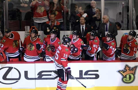 NHL Power Rankings: Chicago Blackhawks center Artem Anisimov (15) celebrates his gaol against Calgary Flames with his teammates during the third period at the United Center. The Hawks won 5-1. Mandatory Credit: David Banks-USA TODAY Sports