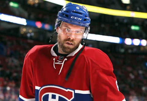 Oct 24, 2016; Montreal, Quebec, CAN; Montreal Canadiens defenseman Shea Weber (6) warms up before the first period against Philadelphia Flyers at Bell Centre. Mandatory Credit: Jean-Yves Ahern-USA TODAY Sports