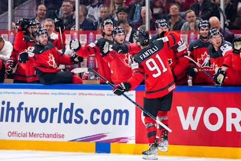 RIGA, LATVIA – MAY 27: Adam Fantilli of Canada celebrates his first goal at WC during the 2023 IIHF Ice Hockey World Championship Finland – Latvia game between Canada and Latvia at Nokia Arena on May 27, 2023 in Tampere, Finland. (Photo by Jari Pestelacci//Eurasia Sport Images/Getty Images)