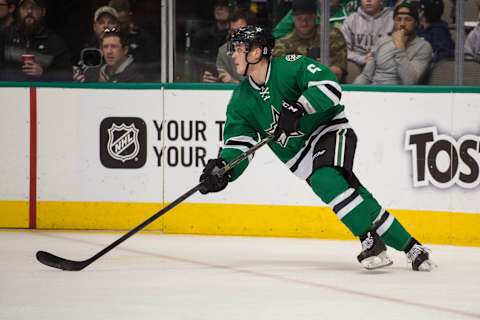 Jan 31, 2017; Dallas, TX, USA; Dallas Stars defenseman Julius Honka (6) skates against the Toronto Maple Leafs during the game at the American Airlines Center. The Stars defeat the Maple Leafs 6-3. Mandatory Credit: Jerome Miron-USA TODAY Sports