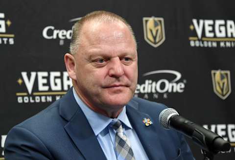 LAS VEGAS, NEVADA – APRIL 01: Head coach Gerard Gallant of the Vegas Golden Knights takes questions during a news conference following the team’s 3-1 victory over the Edmonton Oilers at T-Mobile Arena on April 1, 2019 in Las Vegas, Nevada. (Photo by Ethan Miller/Getty Images)