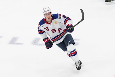 Jake Sanderson #8 of the United States (Photo by Codie McLachlan/Getty Images)