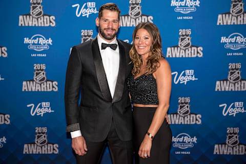 Jun 22, 2016; Las Vegas, NV, USA; Anaheim Ducks center Ryan Kesler walks the red carpet with Andrea Kesler during the 2016 NHL Awards at Hard Rock Hotel and Casino. Mandatory Credit: Joshua Dahl-USA TODAY Sports