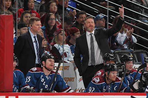 DENVER, CO – APRIL 09: Head coach Patrick Roy (R) of the Colorado Avalanche argues a call during play against the Winnipeg Jets at the Pepsi Center on April 9, 2015 in Denver, Colorado. (Photo by Michael Martin/NHLI via Getty Images)