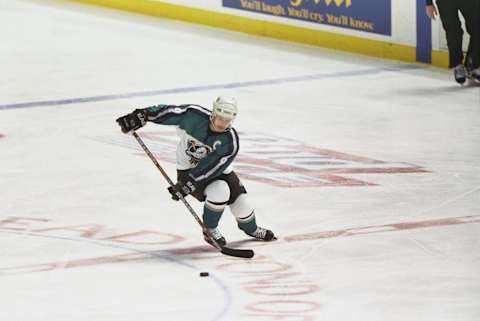 12 Dec 1997: Paul Kariya #9 of the Mighty Ducks in action during the Ducks 6-4 win over the Washington Capitals at The Pond in Anaheim, California.