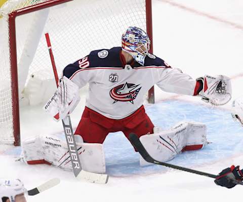 CHICAGO, ILLINOIS – JANUARY 31: Elvis Merzlikins #90 of the Columbus Blue Jackets  . (Photo by Jonathan Daniel/Getty Images)