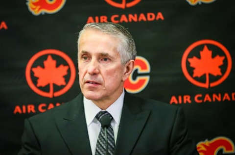 Apr 7, 2016; Calgary, Alberta, CAN; Calgary Flames head coach Bob Hartley speaks to the media after the game against the Vancouver Canucks at Scotiabank Saddledome. The Flames won 7-3. Mandatory Credit: Sergei Belski-USA TODAY Sports