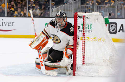 BOSTON, MA – JANUARY 24: John Gibson #36 of the Anaheim Ducks tends goal against the Boston Bruins at the TD Garden on January 24, 2022 in Boston, Massachusetts. The Ducks won 5-3. (Photo by Richard T Gagnon/Getty Images)