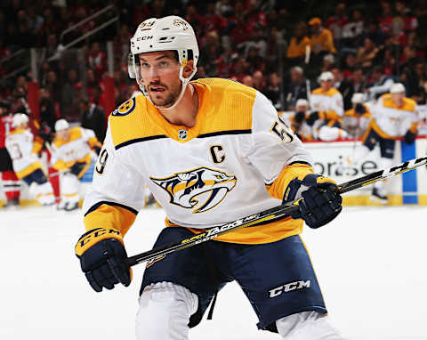 NEWARK, NJ – OCTOBER 25: Roman Josi #59 of the Nashville Predators skates against the New Jersey Devils during the game at Prudential Center on October 25, 2018 in Newark, New Jersey. (Photo by Andy Marlin/NHLI via Getty Images)