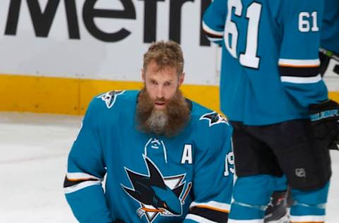 SAN JOSE, CA – APRIL 16: Joe Thornton #19 of the San Jose Sharks warms up prior to Game Three of the Western Conference First Round against the Anaheim Ducks during the 2018 NHL Stanley Cup Playoffs at SAP Center on April 16, 2018 in San Jose, California. (Photo by Rocky W. Widner/NHL/Getty Images) *** Local Caption *** Joe Thornton