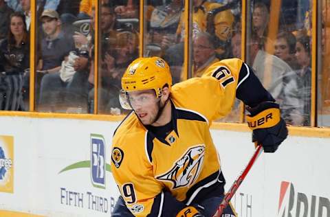 NASHVILLE, TN – APRIL 4: Calle Jarnkrok #19 of the Nashville Predators skates against the New York Islanders during an NHL game at Bridgestone Arena on April 4, 2017 in Nashville, Tennessee. (Photo by John Russell/NHLI via Getty Images)