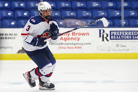 PLYMOUTH, MICHIGAN – JANUARY 17: Isaac Howard #3 of Team White skates the ice in the third period of the USA Hockey All-American Game at USA Hockey Arena on January 17, 2022 in Plymouth, Michigan. (Photo by Mike Mulholland/Getty Images)