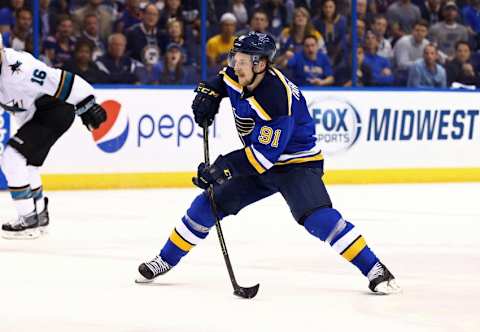 May 23, 2016; St. Louis, MO, USA; St. Louis Blues right wing Vladimir Tarasenko (91) controls the puck against the San Jose Sharks in the third period in game five of the Western Conference Final of the 2016 Stanley Cup Playoffs at Scottrade Center. The Sharks won 6-3. Mandatory Credit: Aaron Doster-USA TODAY Sports