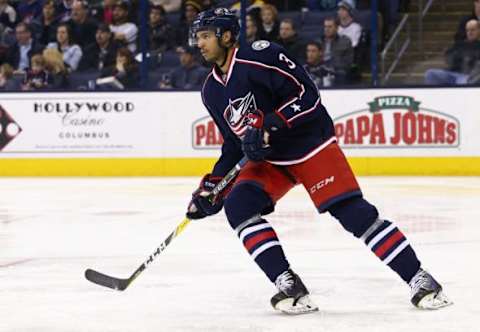 Feb 16, 2016; Columbus, OH, USA; Columbus Blue Jackets defenseman Seth Jones (3) against the Boston Bruins at Nationwide Arena. The Bruins won 2-1 in overtime. Mandatory Credit: Aaron Doster-USA TODAY Sports