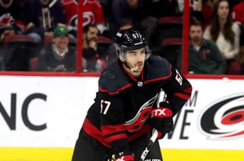 RALEIGH, NC – JANUARY 04: Trevor van Riemsdyk #57 of the Carolina Hurricanes skates with the puck during an NHL game against the Columbus Blue Jackets on January 4, 2019 at PNC Arena in Raleigh, North Carolina. (Photo by Gregg Forwerck/NHLI via Getty Images)