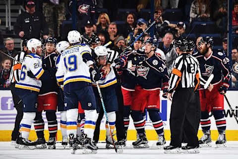 COLUMBUS, OH – NOVEMBER 12: Players from both teams scuffle during the first period of a game between the Columbus Blue Jackets and the St. Louis Blues on November 12, 2016 at Nationwide Arena in Columbus, Ohio. (Photo by Jamie Sabau/NHLI via Getty Images)