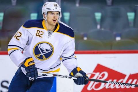 Dec 10, 2015; Calgary, Alberta, CAN; Buffalo Sabres left wing Marcus Foligno (82) skates against the Calgary Flames during the warmup period at Scotiabank Saddledome. Calgary Flames won 4-3. Mandatory Credit: Sergei Belski-USA TODAY Sports