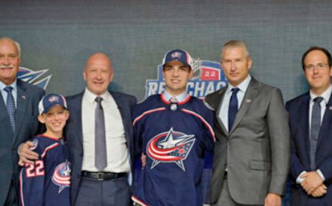 Jul 7, 2022; Montreal, Quebec, CANADA; Denton Mateychuk after being selected as the number twelve overall pick to the Columbus Blue Jackets in the first round of the 2022 NHL Draft at Bell Centre. Mandatory Credit: Eric Bolte-USA TODAY Sports