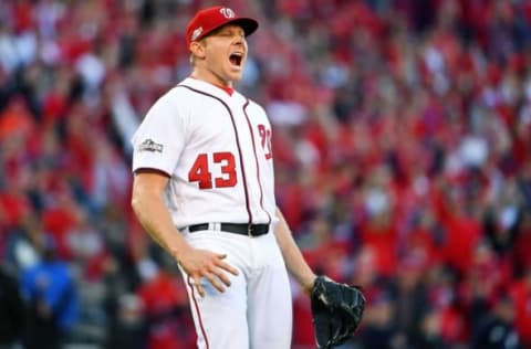 Oct 9, 2016; Washington, DC, USA; Washington Nationals relief pitcher Mark Melancon (43) celebrates after their win against the Los Angeles Dodgers during game two of the 2016 NLDS playoff baseball series at Nationals Park. The Washington Nationals won 5-2.Mandatory Credit: Brad Mills-USA TODAY Sports