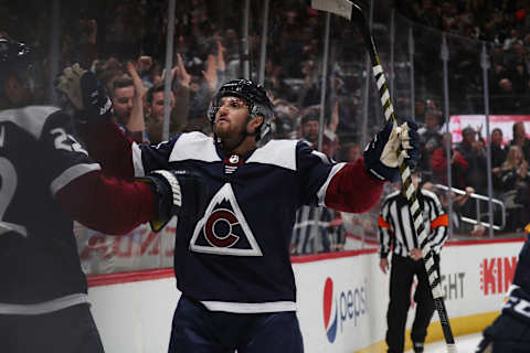 DENVER, CO – NOVEMBER 07: Alexander Kerfoot #13 of the Colorado Avalanche celebrates a goal against the Nashville Predators at the Pepsi Center on November 7, 2018 in Denver, Colorado. (Photo by Michael Martin/NHLI via Getty Images)