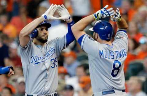 Oct 12, 2015; Houston, TX, USA; Kansas City Royals first baseman Eric Hosmer (35) celebrates with third baseman Mike Moustakas (8) after hitting a two-run home run against the Houston Astros during the ninth inning in game four of the ALDS at Minute Maid Park. Royals won 9-6. Mandatory Credit: Thomas B. Shea-USA TODAY Sports