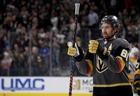 LAS VEGAS, NEVADA – OCTOBER 15: Mark Stone #61 of the Vegas Golden Knights gestures toward teammate Marc-Andre Fleury #29 as he celebrates scoring a first-period goal against the Nashville Predators during their game at T-Mobile Arena on October 15, 2019 in Las Vegas, Nevada. The Predators defeated the Golden Knights 5-2. (Photo by Ethan Miller/Getty Images)