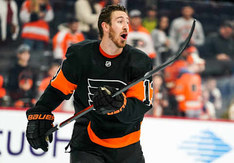 PHILADELPHIA, PA – DECEMBER 23: Philadelphia Flyers Center Kevin Hayes (13) is fired up before the game between the New York Rangers and the Philadelphia Flyers on December 23, 2019 at the Wells Fargo Center in Philadelphia, Pennsylvania. (Photo by Nicole Fridling/Icon Sportswire via Getty Images)