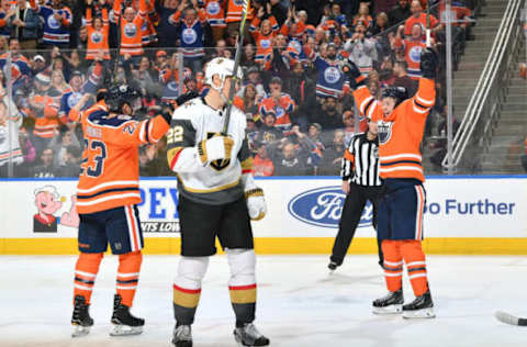 EDMONTON, AB – DECEMBER 1: Ty Rattie #8 and Ryan Spooner #23 of the Edmonton Oilers celebrate after a goal during the game against the Vegas Golden Knights on December 1, 2018 at Rogers Place in Edmonton, Alberta, Canada. (Photo by Andy Devlin/NHLI via Getty Images)