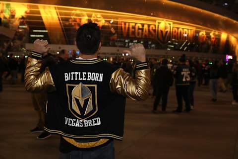 LAS VEGAS, NEVADA – JANUARY 09: Vegas Golden Knights fans enter T-Mobile Arena prior to a game against the Los Angeles Kings on January 09, 2020 in Las Vegas, Nevada. (Photo by Zak Krill/NHLI via Getty Images)