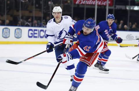 NEW YORK, NEW YORK – FEBRUARY 27: Brendan Smith #42 of the New York Rangers shoots against the Tampa Bay Lightning during their game at Madison Square Garden on February 27, 2019 in New York City. (Photo by Al Bello/Getty Images)