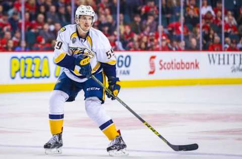 Mar 9, 2016; Calgary, Alberta, CAN; Nashville Predators defenseman Roman Josi (59) skates against the Calgary Flames during the first period at Scotiabank Saddledome. Calgary Flames won 3-2. Mandatory Credit: Sergei Belski-USA TODAY Sports