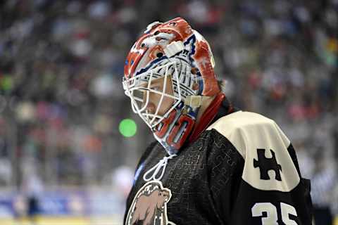 HERSHEY, PA – MARCH 16: Hershey Bears goalie Ilya Samsonov (35) looks through the bars of his Washington Capitals goalie mask during the Bridgeport Sound Tigers vs. the Hershey Bears AHL hockey game March 16, 2019 at the Giant Center in Hershey, PA. (Photo by Randy Litzinger/Icon Sportswire via Getty Images)