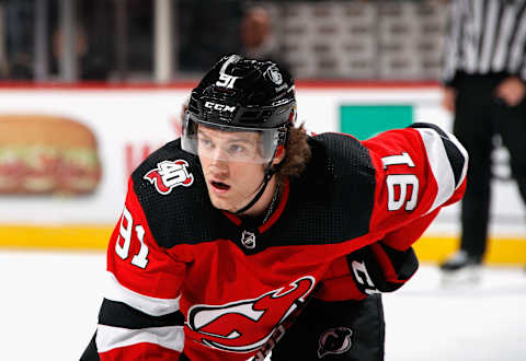 Dawson Mercer #91 of the New Jersey Devils. (Photo by Bruce Bennett/Getty Images)