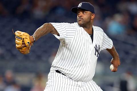 Sep 8, 2016; Bronx, NY, USA; New York Yankees starting pitcher CC Sabathia (52) pitches against the Tampa Bay Rays during the second inning at Yankee Stadium. MLB. Mandatory Credit: Brad Penner-USA TODAY Sports