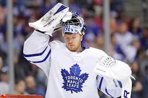 SUNRISE, FLORIDA – FEBRUARY 27: Frederik Andersen #31 of the Toronto Maple Leafs tends the net against the Florida Panthers during the second period at BB&T Center on February 27, 2020 in Sunrise, Florida. (Photo by Michael Reaves/Getty Images)