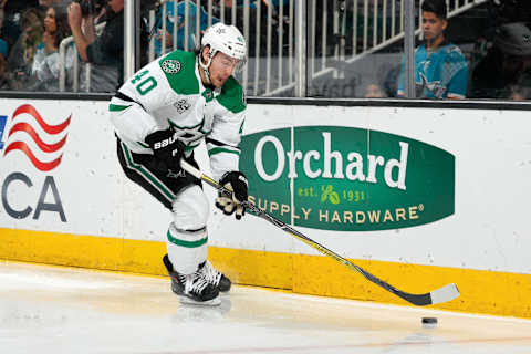 SAN JOSE, CA – APRIL 3: Remi Elie #40 of the Dallas Stars moves the puck along the boards during a NHL game against the San Jose Sharks at SAP Center on April 3, 2018 in San Jose, California. (Photo by Scott Dinn/NHLI via Getty Images) *** Local Caption *** Remi Elie