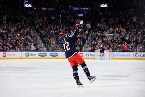 Oct 20, 2022; Columbus, Ohio, USA; Columbus Blue Jackets defenseman Jake Bean (22) celebrates scoring a goal against the Nashville Predators in the second period at Nationwide Arena. Mandatory Credit: Aaron Doster-USA TODAY Sports