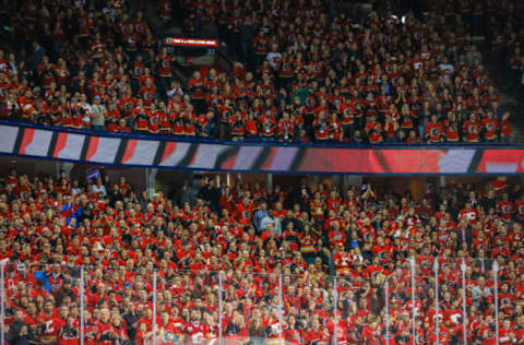 Apr 17, 2017; Calgary, Alberta, CAN; General view of the fans during the third period between the Calgary Flames and the Anaheim Ducks in game three of the first round of the 2017 Stanley Cup Playoffs at Scotiabank Saddledome. Mandatory Credit: Sergei Belski-USA TODAY Sports