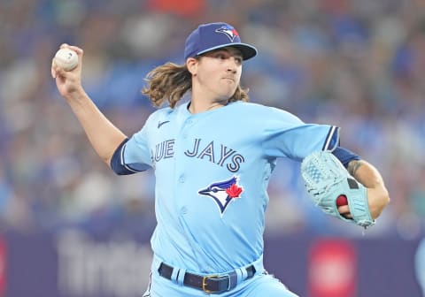 Jun 11, 2023; Toronto, Ontario, CAN; Toronto Blue Jays starting pitcher Kevin Gausman (34) throws a pitch against the Minnesota Twins during the first inning at Rogers Centre. Mandatory Credit: Nick Turchiaro-USA TODAY Sports