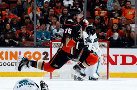 ANAHEIM, CA – APRIL 14: Brandon Montour #26 of the Anaheim Ducks gets tripped up by Joe Pavelskia. (Photo by Debora Robinson/NHLI via Getty Images)