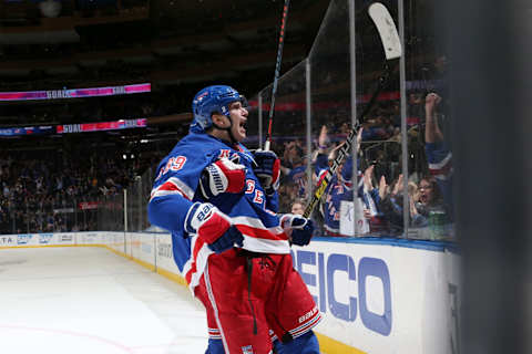 NEW YORK, NY – APRIL 05: Pavel Buchnevich #89 of the New York Rangers reacts after scoring a goal late in the third period to tie the game against the Columbus Blue Jackets at Madison Square Garden on April 5, 2019 in New York City. (Photo by Jared Silber/NHLI via Getty Images)