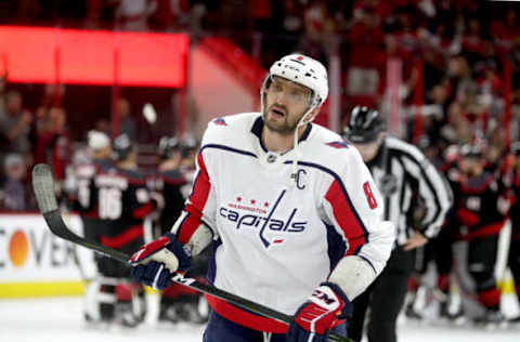 RALEIGH, NC – APRIL 18: Alexander Ovechkin #8 of the Washington Capitals leaves the ice following Game Four of the Eastern Conference First Round against the Carolina Hurricanes during the 2019 NHL Stanley Cup Playoffs on April 18, 2019 at PNC Arena in Raleigh, North Carolina. (Photo by Gregg Forwerck/NHLI via Getty Images)