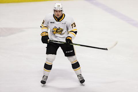 WINDSOR, ONTARIO – MARCH 04: Forward Luca Del Bel Belluz #73 of the Sarnia Sting skates against the Windsor Spitfires at WFCU Centre on March 04, 2023 in Windsor, Ontario. (Photo by Dennis Pajot/Getty Images)