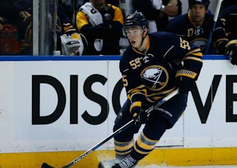 Feb 21, 2016; Buffalo, NY, USA; Buffalo Sabres defenseman Rasmus Ristolainen (55) during the game against the Pittsburgh Penguins at First Niagara Center. Mandatory Credit: Kevin Hoffman-USA TODAY Sports