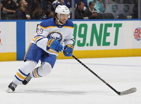 TORONTO, ON – APRIL 12: Vinnie Hinostroza #29 of the Buffalo Sabres skates against the Toronto Maple Leafs during an NHL game at Scotiabank Arena on April 12, 2022 in Toronto, Ontario, Canada. The Sabres defeated the Maple Leafs 5-2. (Photo by Claus Andersen/Getty Images)