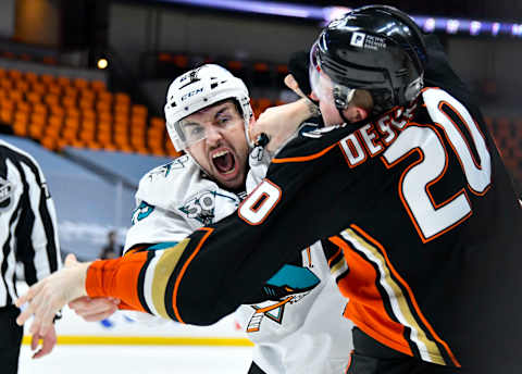 Potential New York Ranger Kurtis Gabriel (left) and Anaheim Ducks left wing Nicolas Deslauriers (20) trade punches Mandatory Credit: Robert Hanashiro-USA TODAY Sports