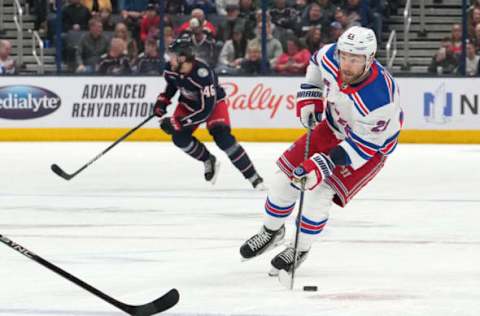 COLUMBUS, OHIO – APRIL 08: Barclay Goodrow #21 of the New York Rangers skates with the puck during the first period against the Columbus Blue Jackets at Nationwide Arena on April 08, 2023, in Columbus, Ohio. (Photo by Jason Mowry/Getty Images)