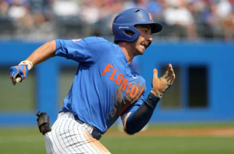 GAINESVILLE, FL – MARCH 25: Jonathan India (6) of the Gators hustles to second base for a double during the college baseball game between the Arkansas Razorbacks and the Florida Gators on March 25, 2018 at Alfred A. McKethan Stadium in Gainesville, Florida. (Photo by Cliff Welch/Icon Sportswire via Getty Images)