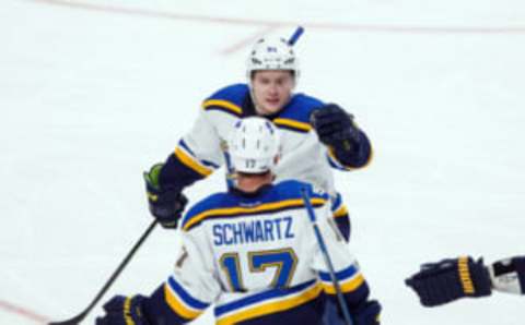 Mar 7, 2017; Saint Paul, MN, USA; St Louis Blues forward Vladimir Tarasenko (91) celebrates his goal in the third period against the Minnesota Wild at Xcel Energy Center. The St Louis Blues beat the Minnesota Wild 2-1. Mandatory Credit: Brad Rempel-USA TODAY Sports