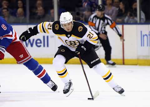 NEW YORK, NEW YORK – OCTOBER 05: Fabian Lysell #21 of the Boston Bruins skates against the New York Rangers at Madison Square Garden on October 05, 2022 in New York City. The Bruins defeated the Rangers 5-4. (Photo by Bruce Bennett/Getty Images)